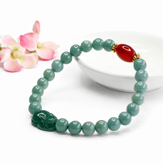 Blue Water Jadeite Jade and Red Agate Barrel Bead Pixiu Beaded Bracelet