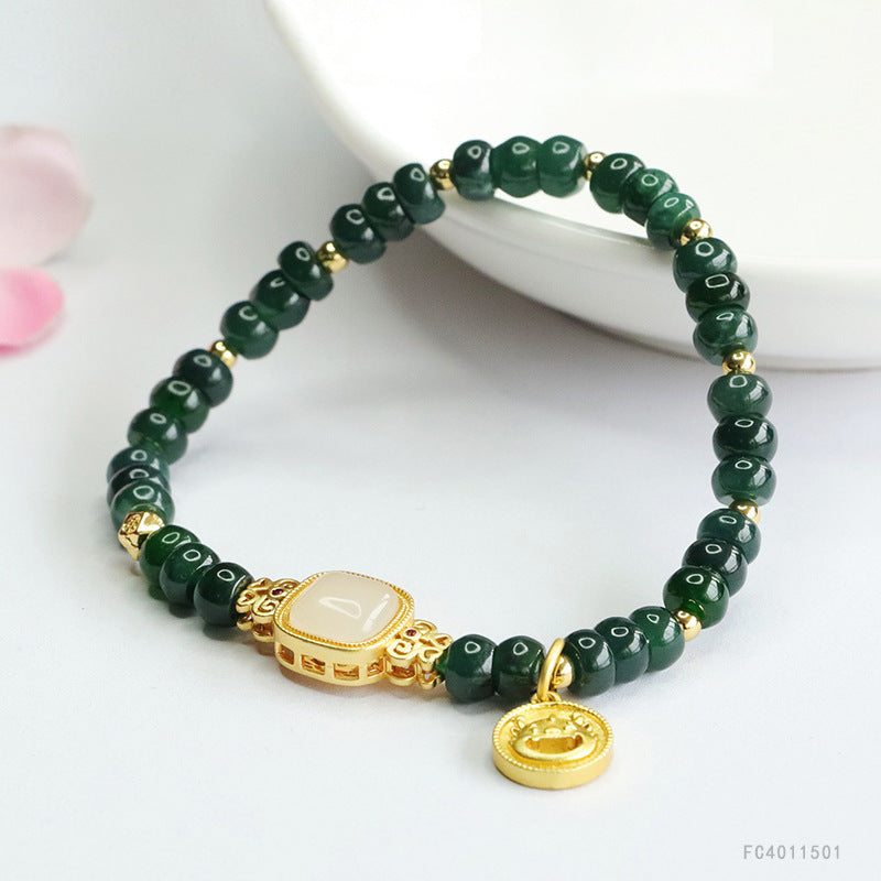 Blue Water Jadeite Abacus Bead Bracelet with Square Focal and Coin Charm