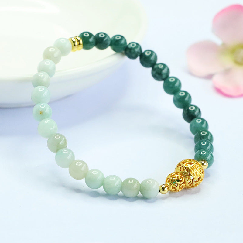 Two-Tone Jadeite Jade Beaded Bracelet with Hollow-Out Gourd Charm