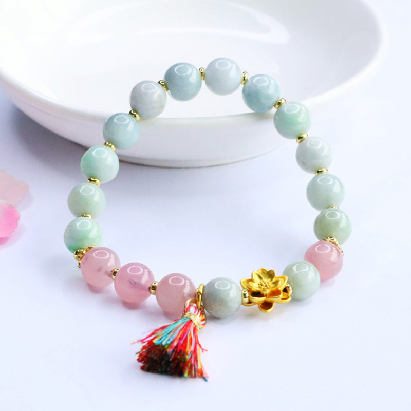Burmese Grade A Jadeite Jade and Rose Quartz Lotus Beaded Bracelet