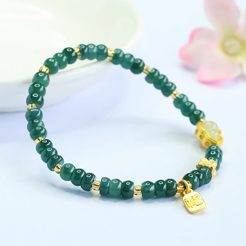 Blue Water Jadeite Jade Abacus Bead Bracelet with Gourd and "Fu" Wealth Charms