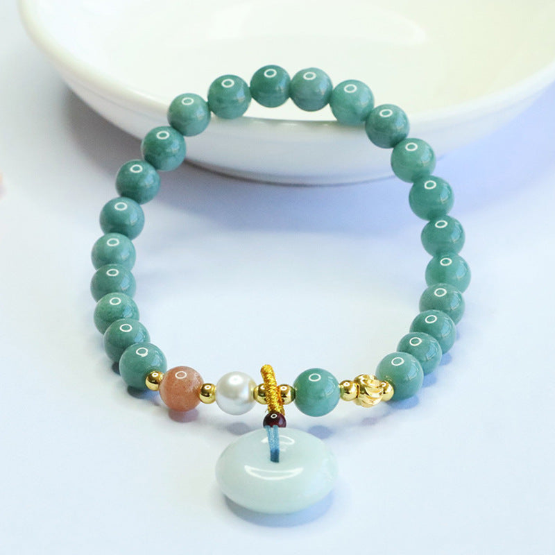 Blue Water Jadeite Jade Beaded Bracelet with Ping An Kou Dangle Charm