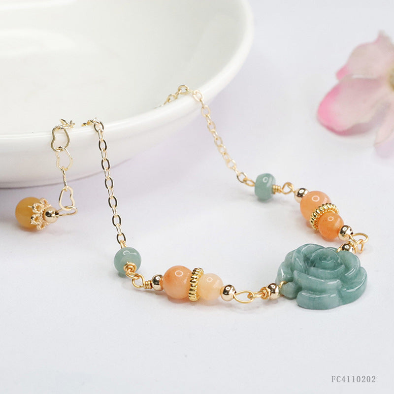 lue Water Jadeite Peony Flower and Gemstone Chain Bracelet
