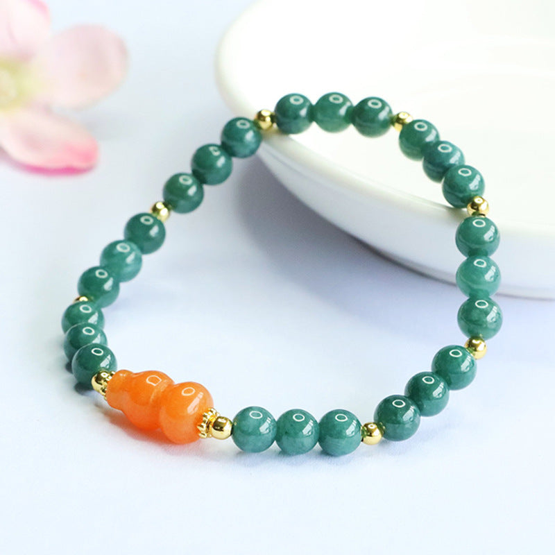 Blue Water Jadeite Jade Beaded Bracelet with Orange Jinsiyu Gourd Accent