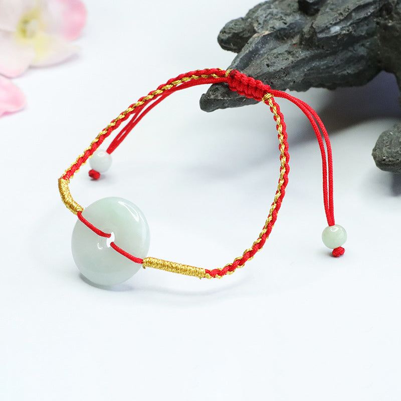 Burmese Grade A Jadeite Ping An Kou Woven Red Cord Bracelet