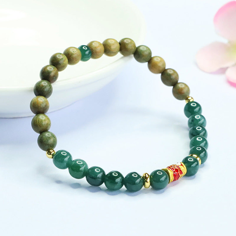 Blue Water Jadeite Jade and Green Sandalwood Beaded Bracelet with Red Enamel Koi Accent