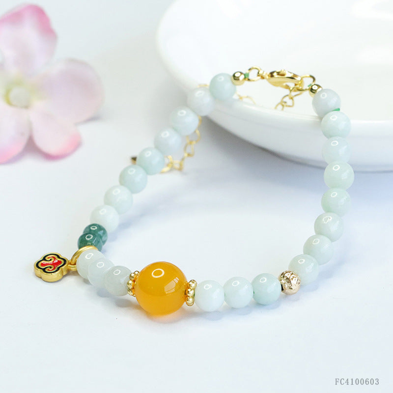Burmese Grade A Jadeite Beaded Bracelet with Yellow Chalcedony Accent and Ruyi Charm
