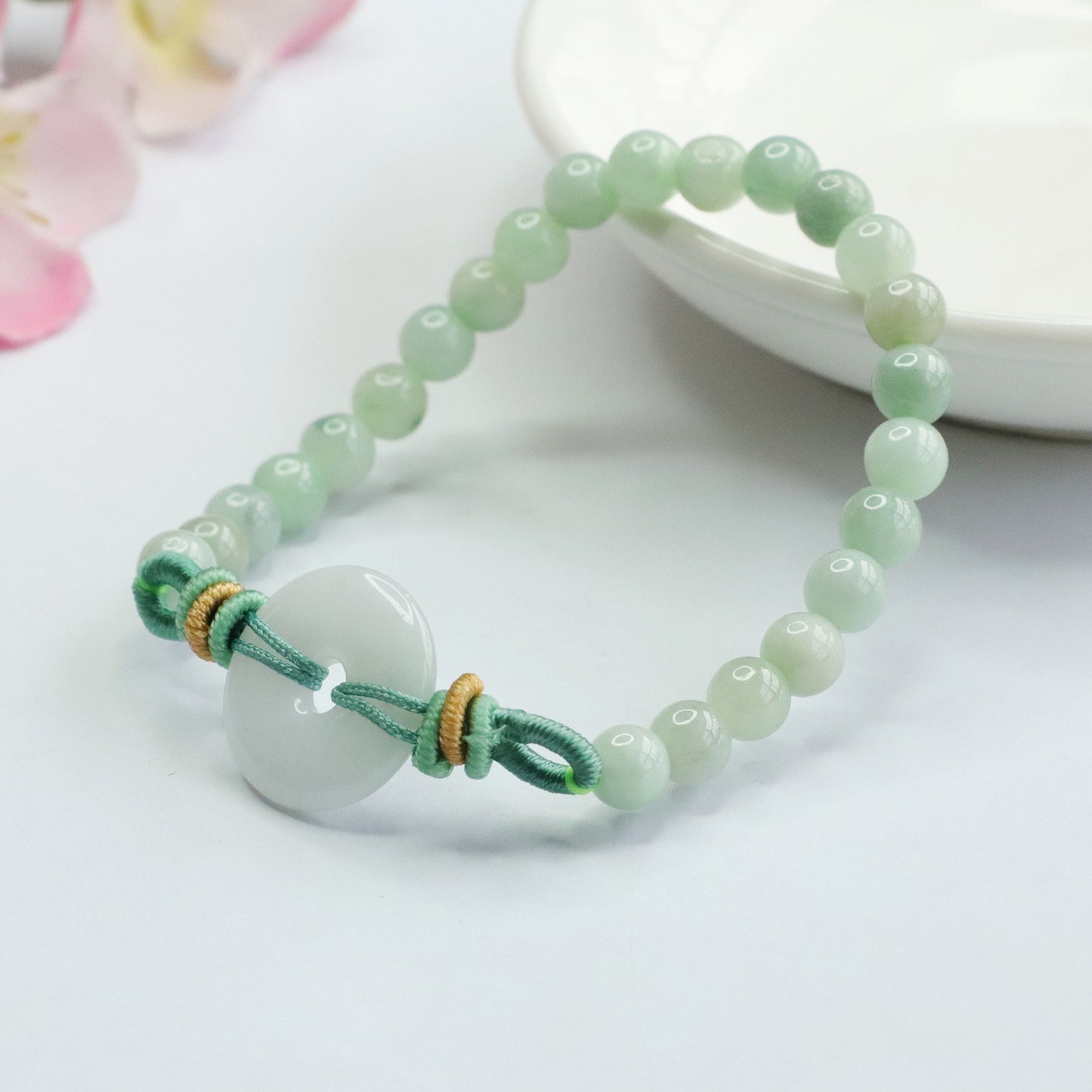 Blue Water Jadeite Jade Beaded Bracelet with Ping An Kou Centerpiece