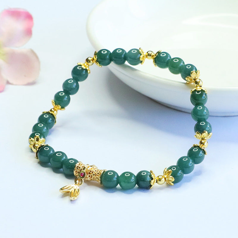 Blue Water Jadeite Jade Bamboo Beaded Bracelet with Dangle Charm