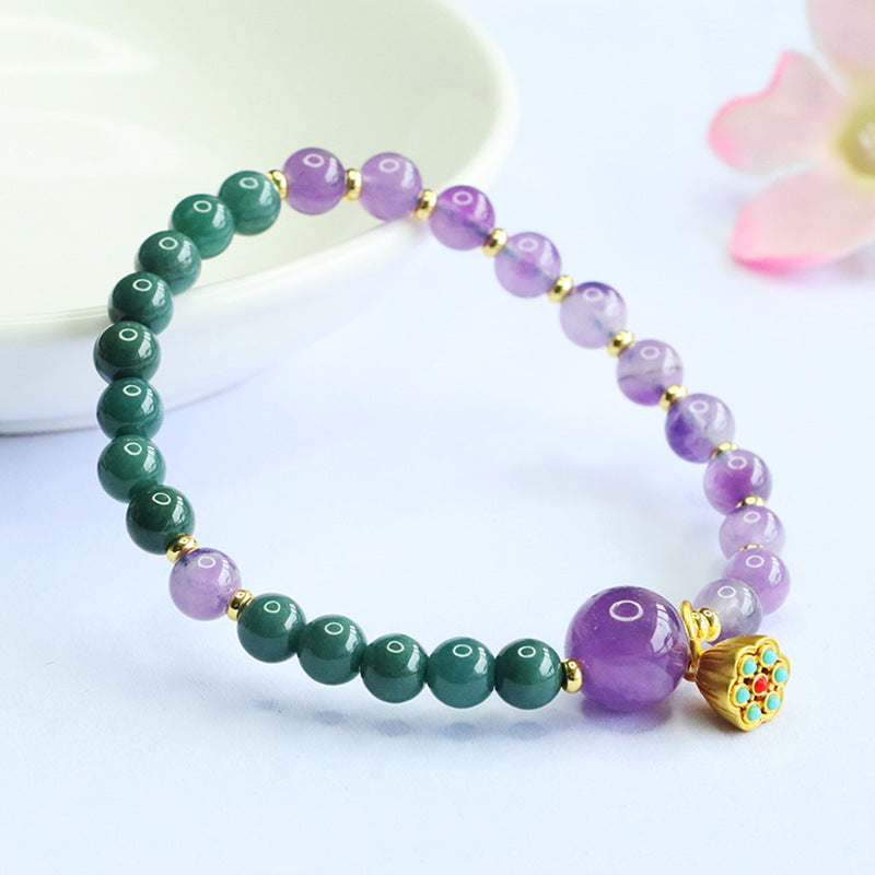 Blue Water Jadeite Jade and Amethyst Beaded Bracelet with Enamel Charm