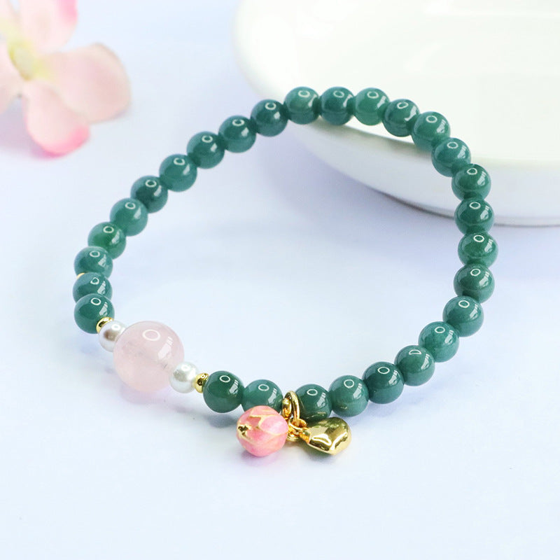 Blue Water Jadeite Jade and Rose Quartz Beaded Bracelet with Enamel Charm