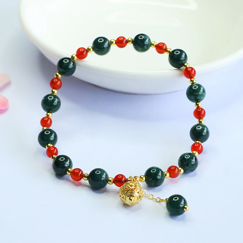 Blue Water Jadeite Jade and Red Agate Beaded Bracelet with Filigree Charm