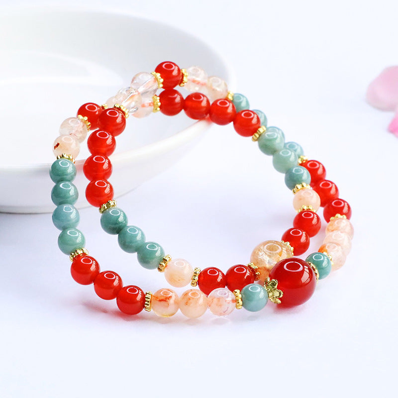 Red Agate, Yellow Phantom Quartz, and Jadeite Double-Strand Beaded Bracelet