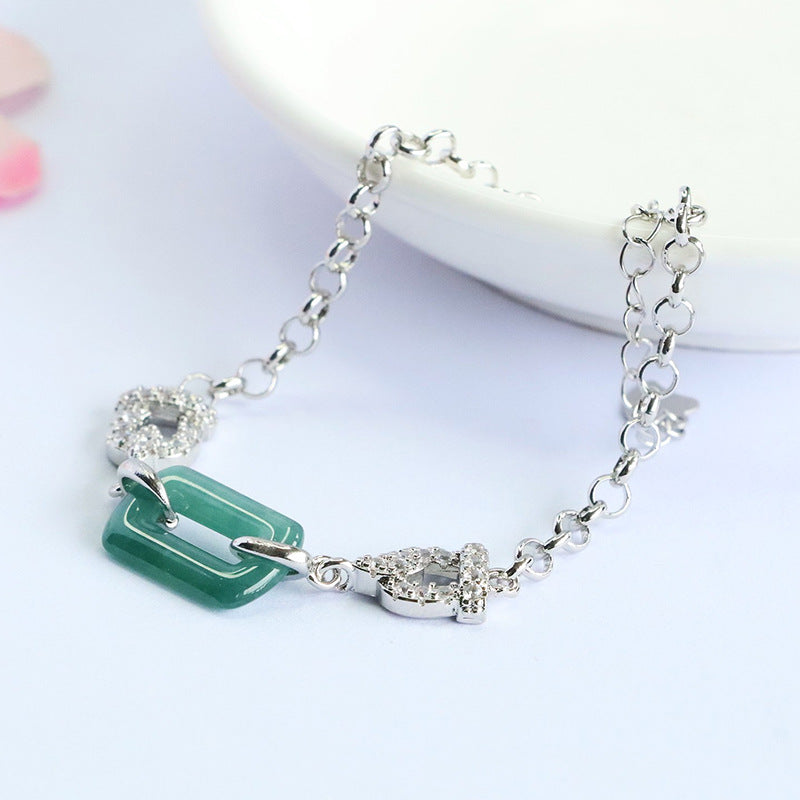 Blue Water Jadeite Interlocking Square Link Silver-Tone Bracelet