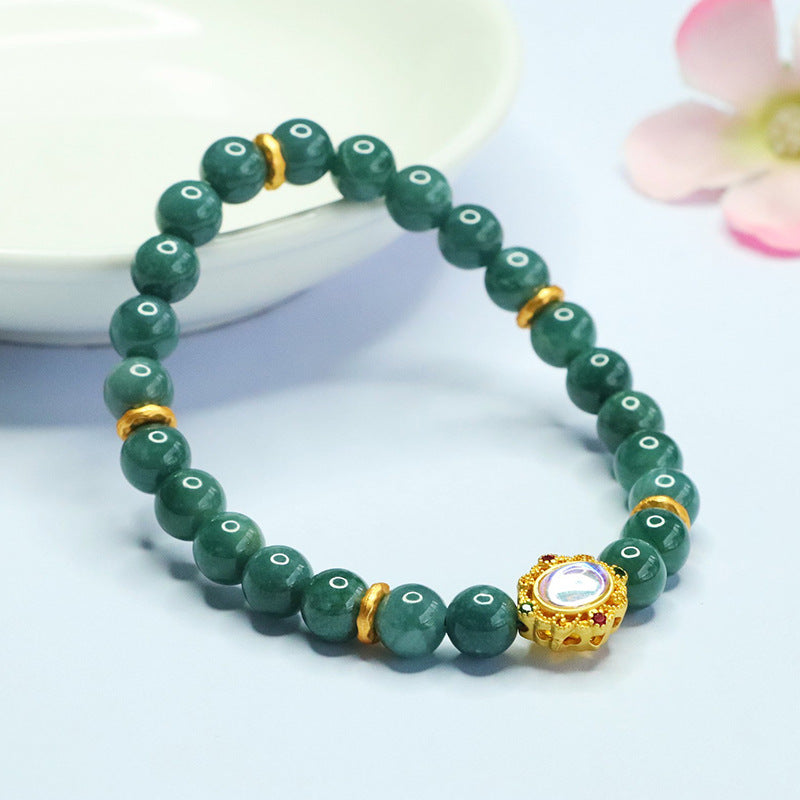 Blue Water Jadeite Jade Beaded Bracelet with Moonstone Centerpiece