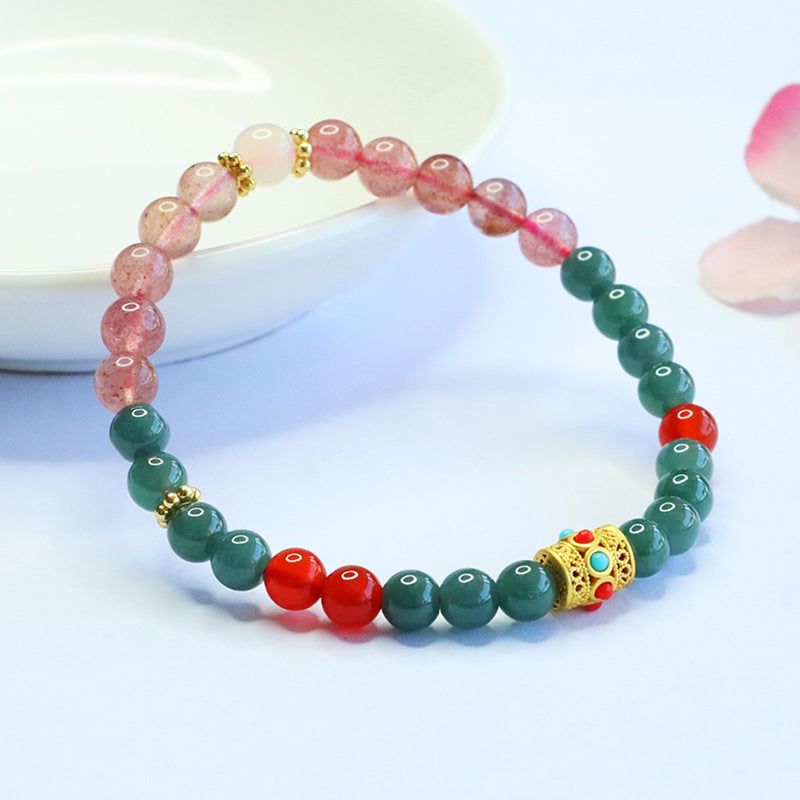 Blue Water Jadeite Jade and Strawberry Quartz Beaded Bracelet with Ornate Gold-Tone Tube Accent