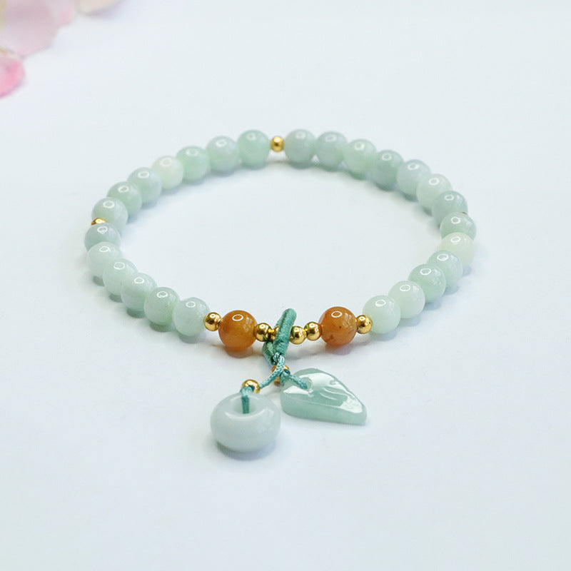 Burmese Grade A Jadeite Beaded Bracelet with Ping An Kou and Leaf Dangle Charms