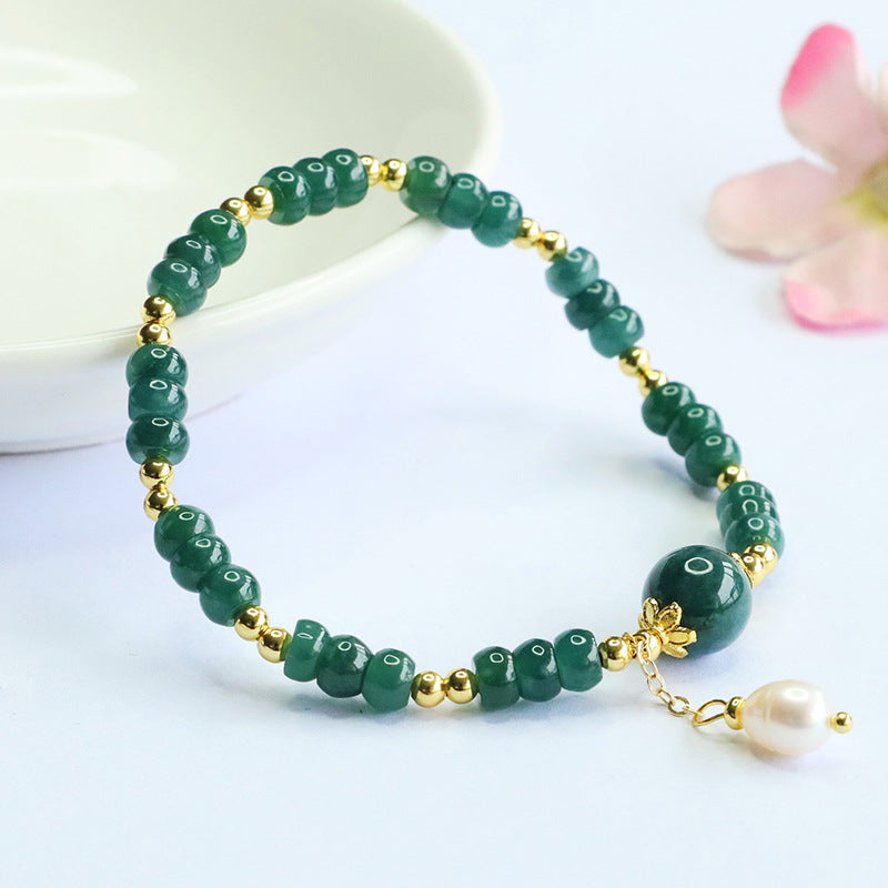 Blue Water Jadeite Jade and Freshwater Pearl Beaded Bracelet