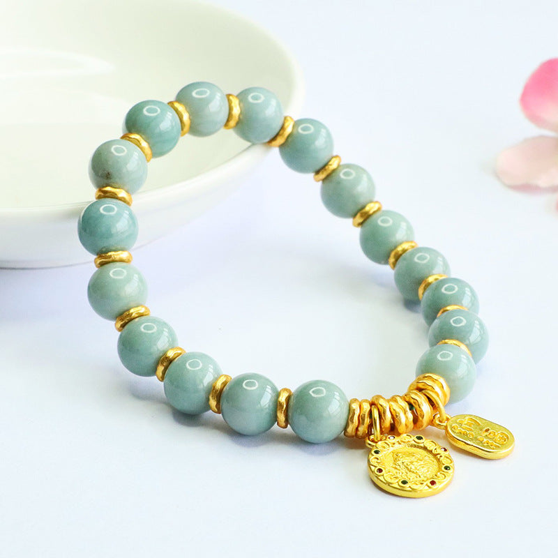 Blue Water Jadeite Jade and Yellow Wealth Deity Beaded Bracelet