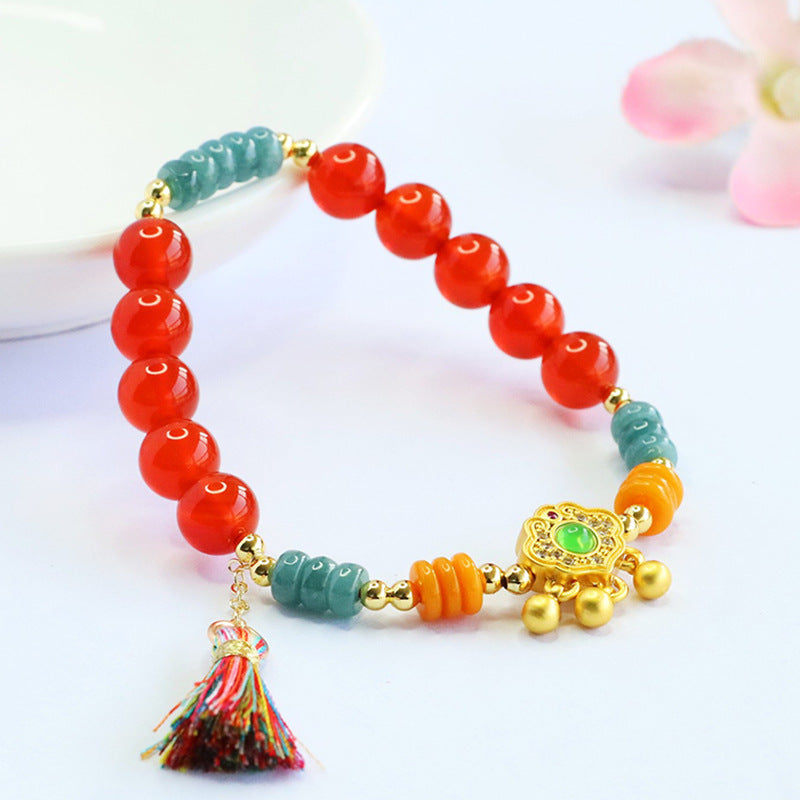 Red Agate and Blue Water Jadeite Jade Ruyi Beaded Stretch Bracelet with Tassel Charm
