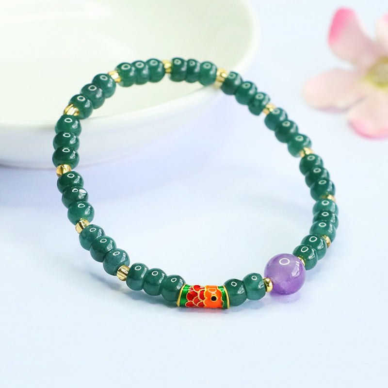 Blue Water Jadeite and Amethyst Beaded Bracelet with Koi Fish Accent