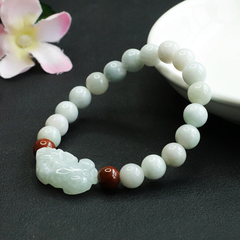 Grade A Jadeite Jade Pixiu Beaded Bracelet with Red Accent Beads