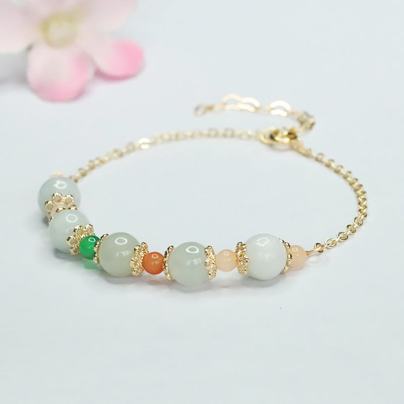 Jadeite Jade Beaded Bracelet with Gold-tone Chain and Accents