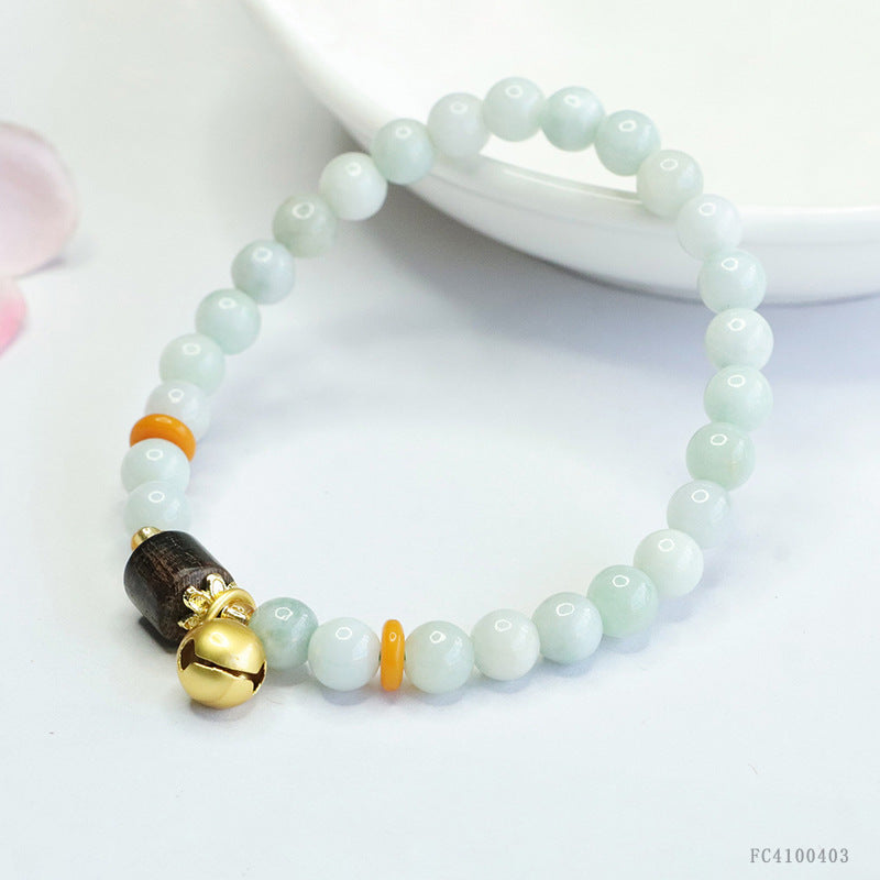 Burmese Grade A Jadeite Jade and Agarwood Beaded Bracelet with Bell Accent