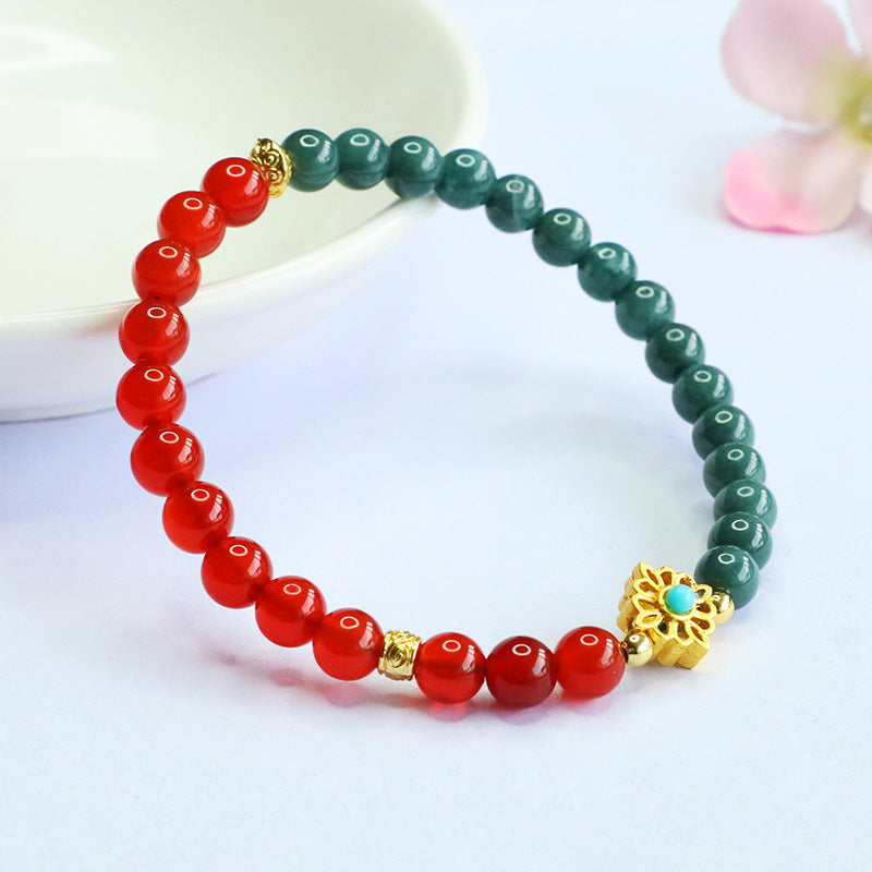 Blue Water Jadeite Jade & Red Agate Bracelet with Gold-tone Flower Accent