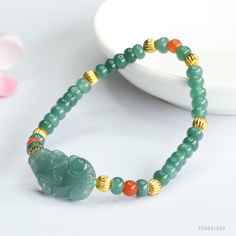 Blue Water Jadeite Jade Pi Xiu Beaded Bracelet with Red Agate Accents