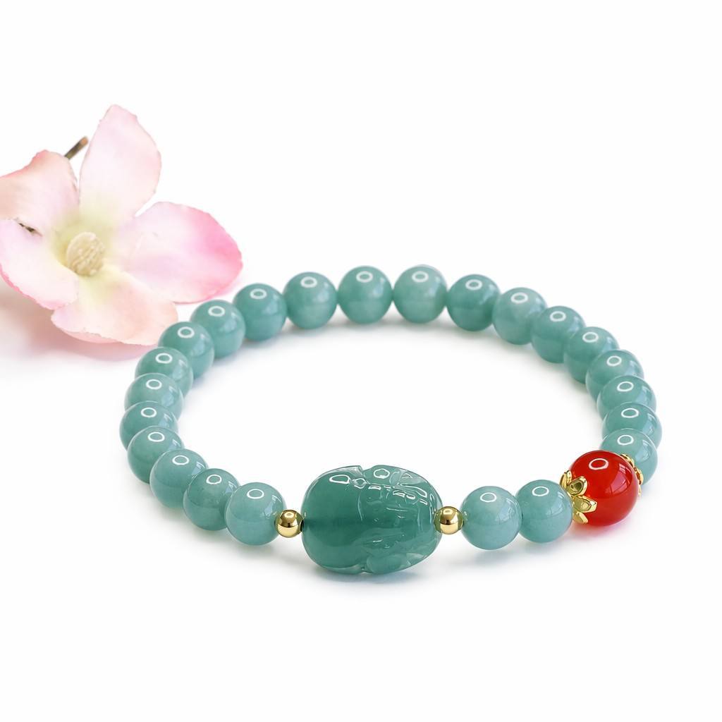 Blue Water Jadeite Jade and Red Agate Pixiu Beaded Bracelet