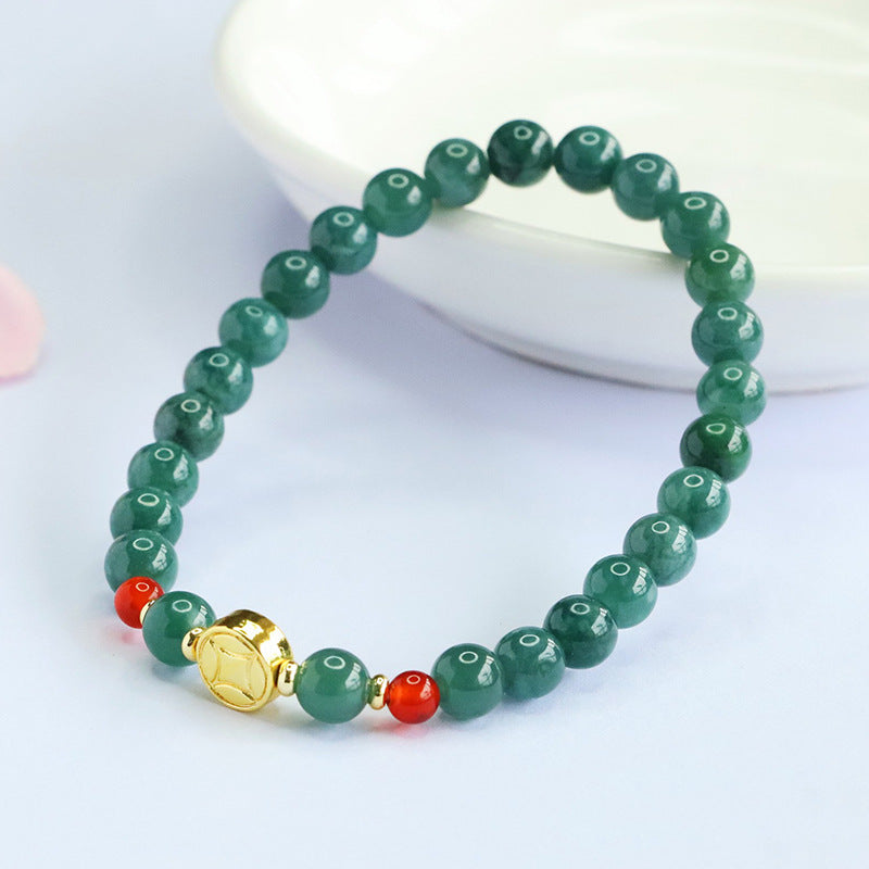Blue Jadeite Jade & Red Agate Bracelet with Gold-Tone Coin Charm