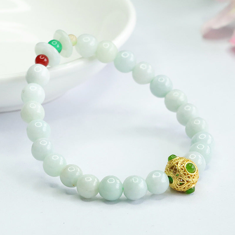 Burmese Grade A Jadeite Jade Beaded Bracelet with Filigree Sphere and Safety Buckle Accents