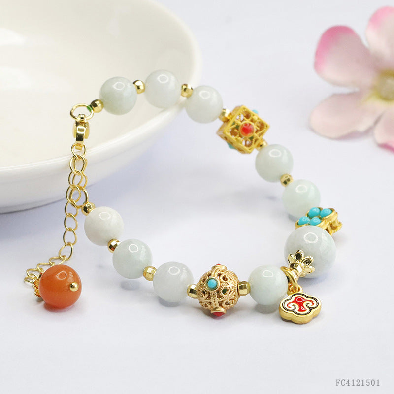 Burmese Grade A Jadeite Jade and Turquoise Accent Beaded Bracelet