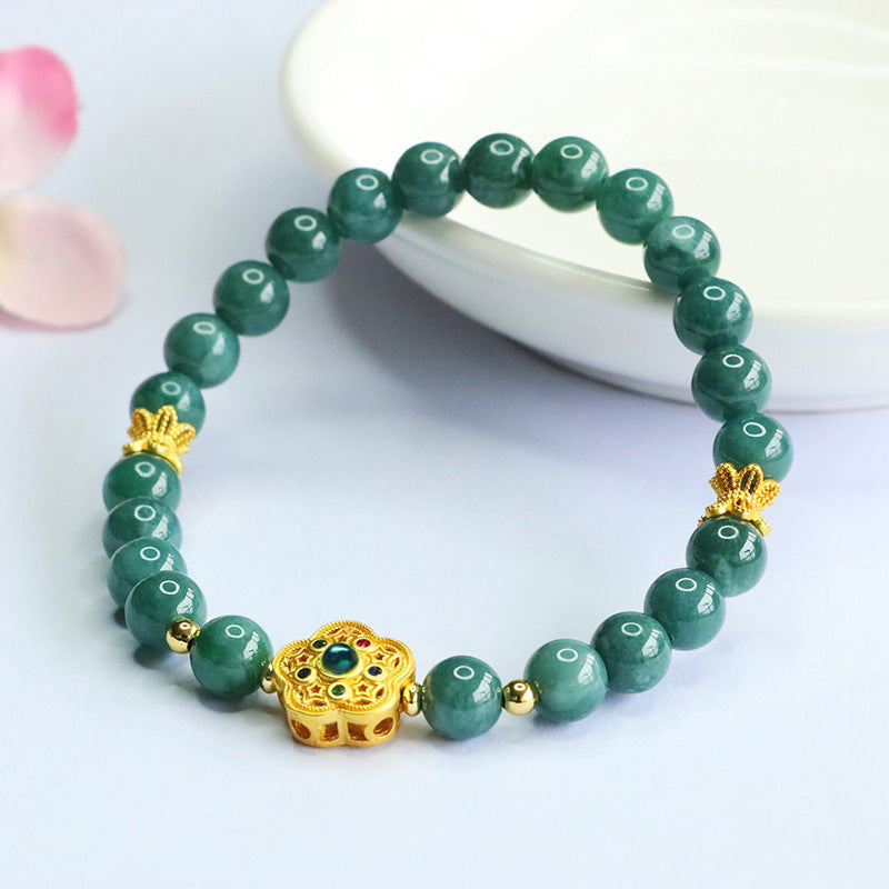 Blue Water Jadeite Jade Five-Leaf Flower Beaded Bracelet