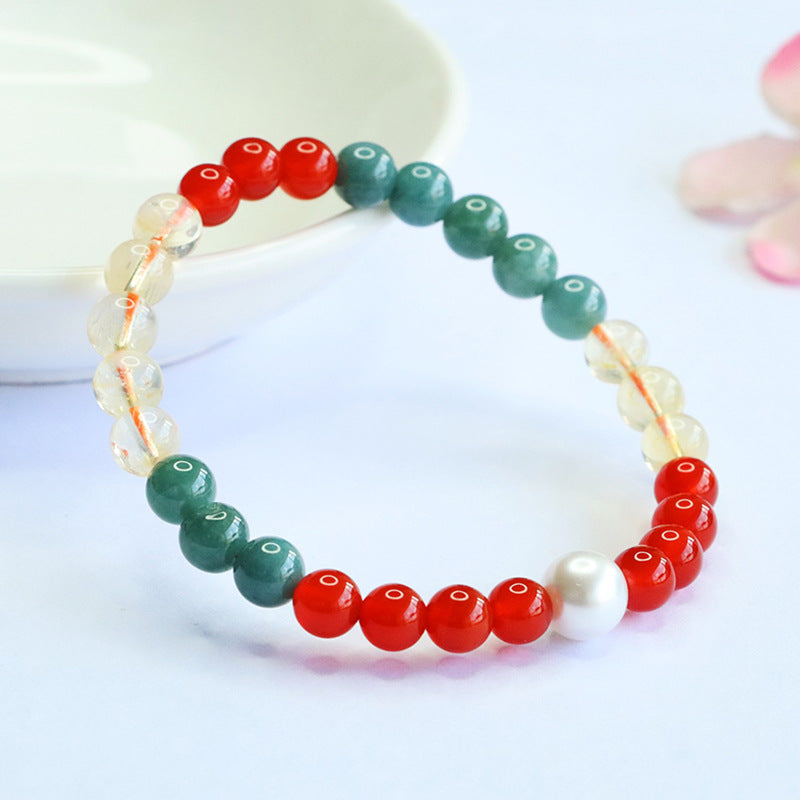 Blue Water Jadeite Jade, Red Agate, Citrine, and White Shell Pearl Beaded Bracelet