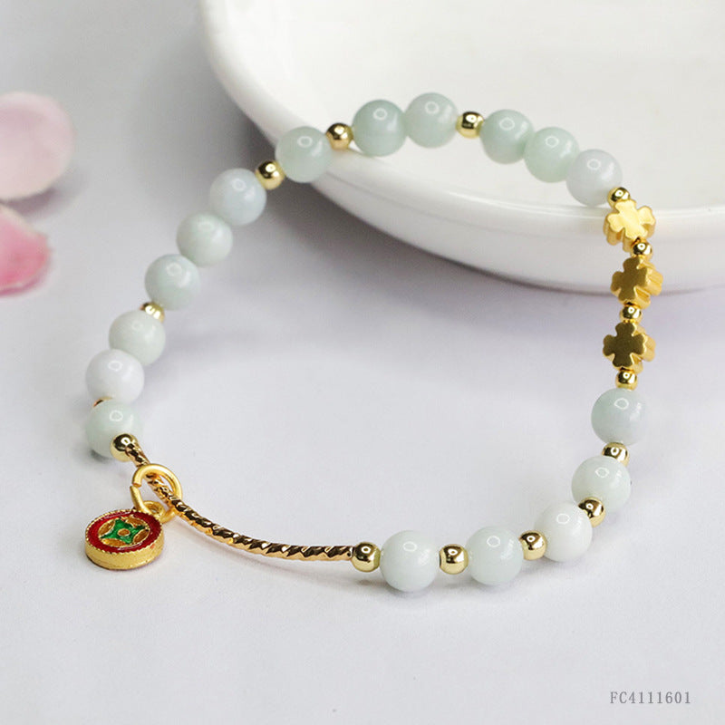 Burmese Grade A Jadeite Bracelet with Gold-Tone Tube & Enamel Charm