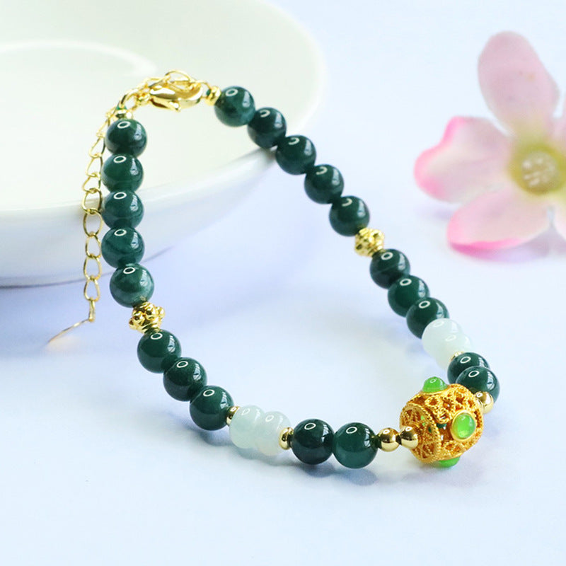 Blue Water Jadeite Jade Beaded Bracelet with Filigree Ball Charm