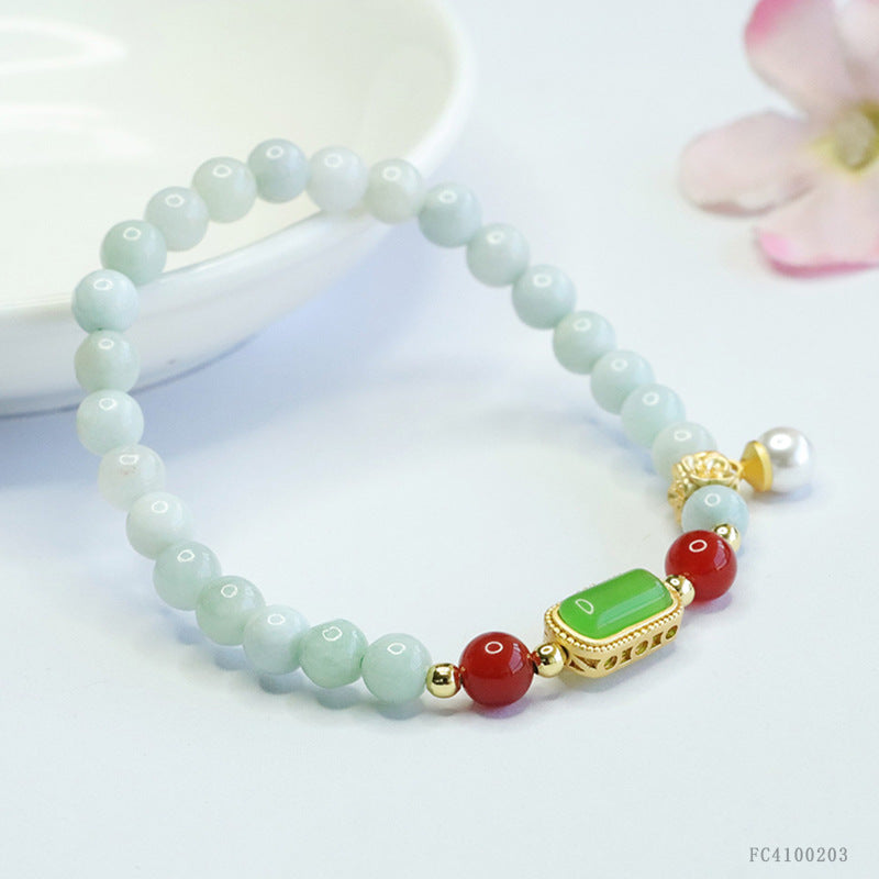 Burmese Grade A Jadeite Beaded Bracelet with Green Jadeite Plaque, Red Agate, and Pearl Charm
