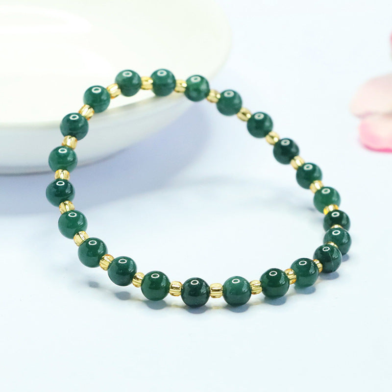 Blue Water Jadeite Jade Beaded Bracelet with Gold-Tone Spacers