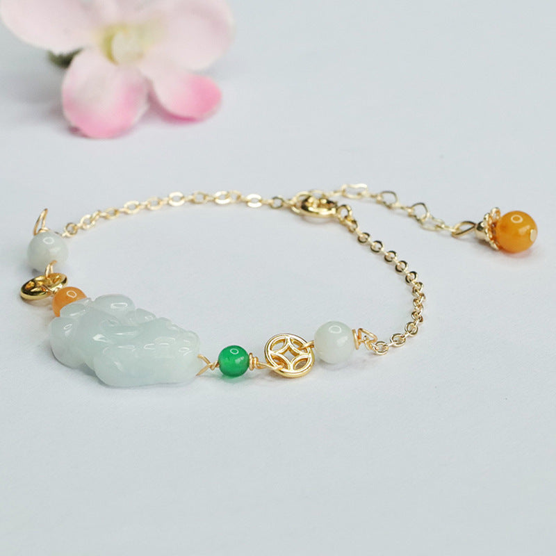 Burmese Grade A Jadeite Jade Pi Xiu Chain Bracelet with Multi-Color Accents