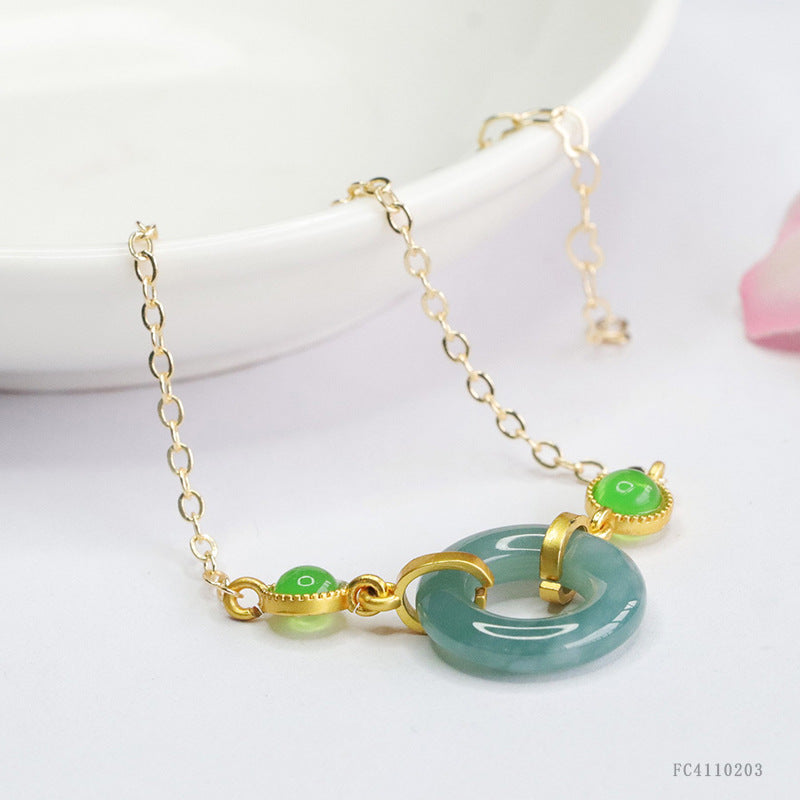 Blue Water Jadeite Jade Safety Ring Chain Bracelet with Green Cabochons