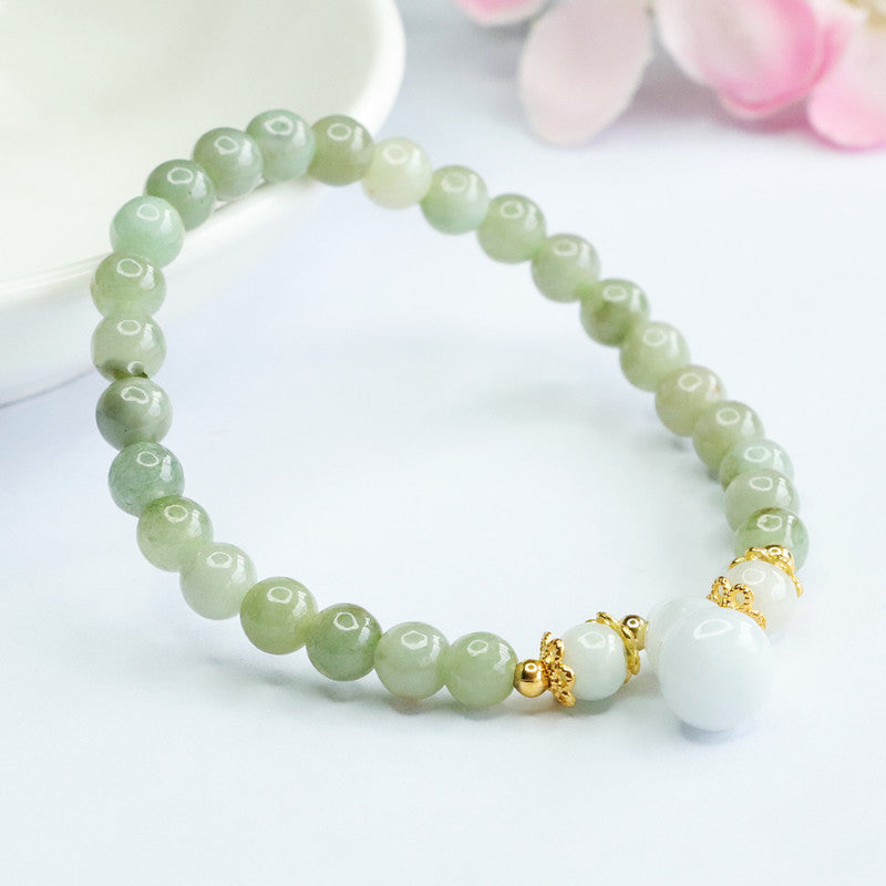 Burmese Grade A Jadeite Jade Beaded Bracelet with Gourd Pendant
