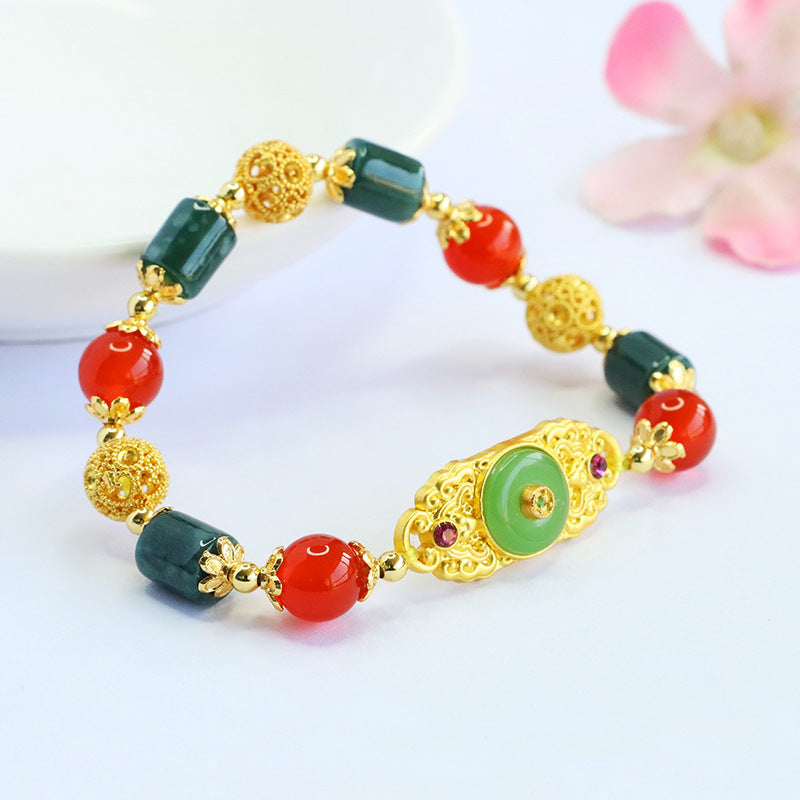 Blue Water Jadeite Jade Barrel Bead and Red Agate Ruyi Motif Bracelet