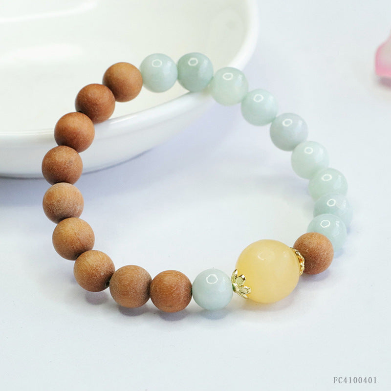 Jadeite Jade and Sandalwood Beaded Bracelet with Yellow Stone Focal Bead