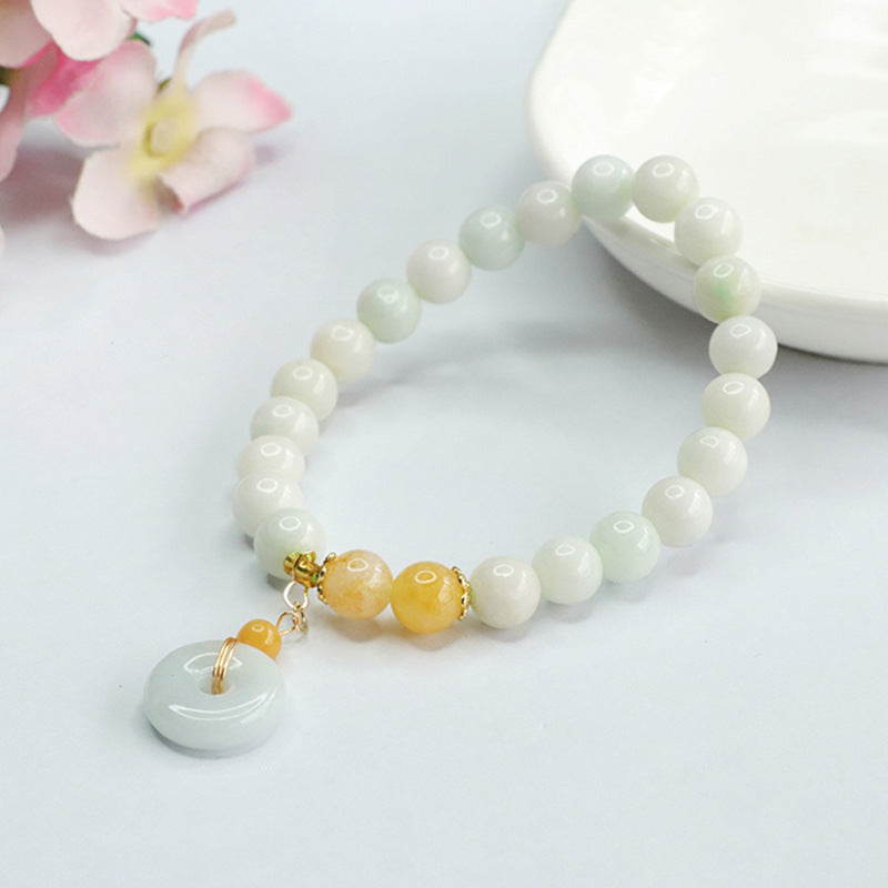 Grade A Jadeite Jade Beaded Bracelet with Peace Buckle Pendant