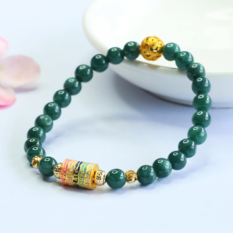 Blue Water Jadeite Jade Beaded Bracelet with Five-Script Scripture Tube Charm
