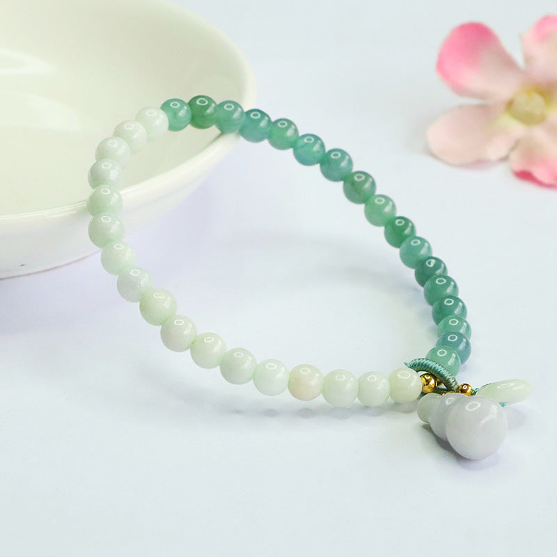 Gradient Green Jadeite Jade Beaded Bracelet with Gourd Charm