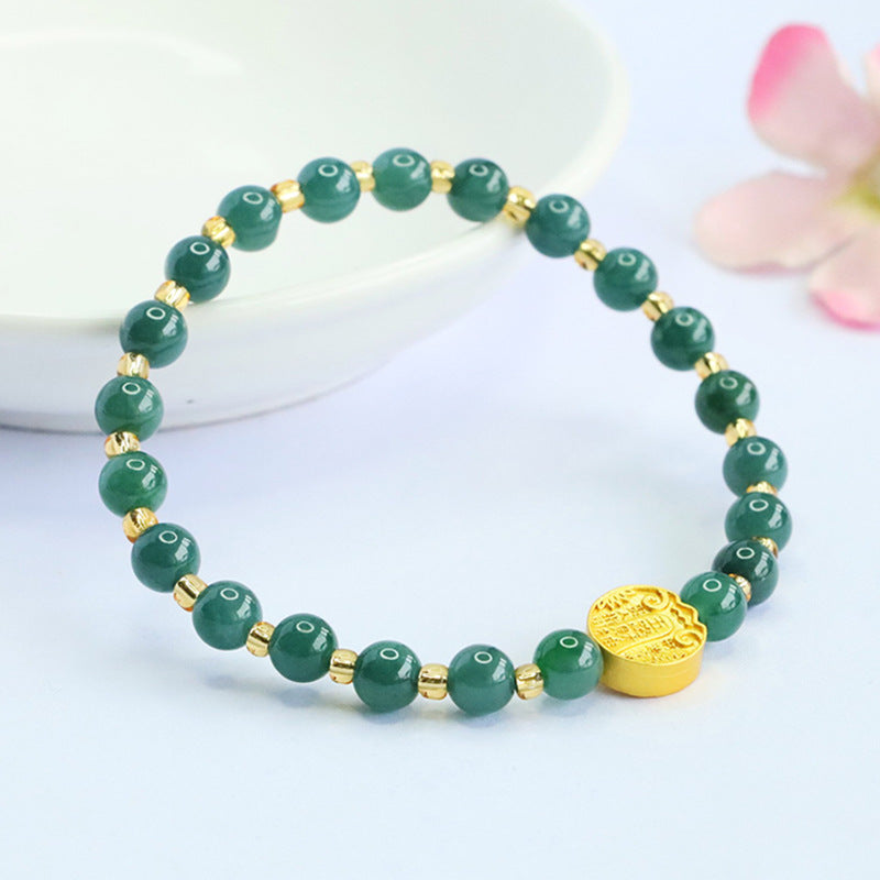 Blue Water Jadeite Jade Beaded Bracelet with God of Wealth Coin Accent