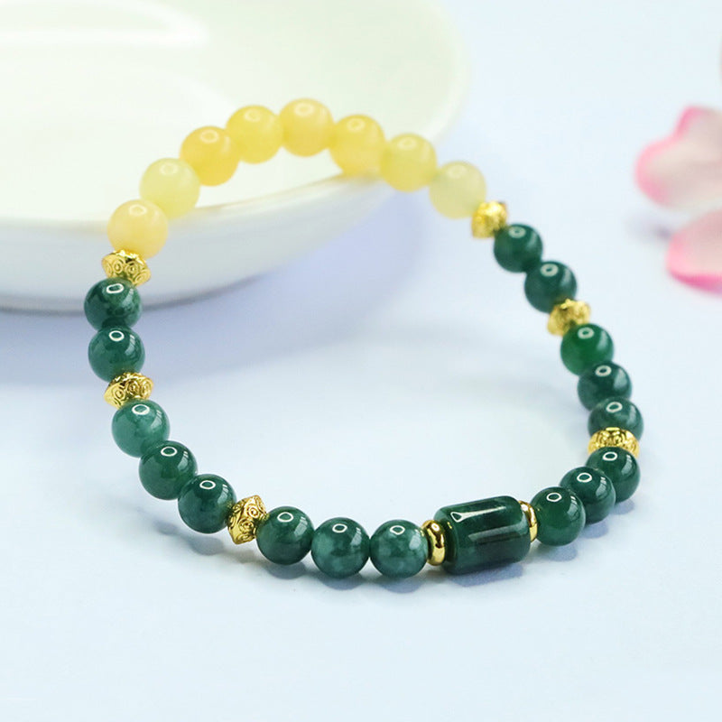 Blue Water Jadeite Jade and Yellow Jade Beaded Bracelet with Barrel Accent